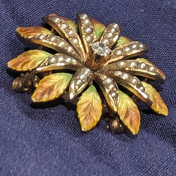 Antique Edwardian 14K Gold Enamel Diamond Seed Pearl Flower Pendant Brooch 1" - Picture 3 of 11